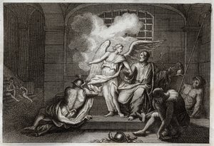 Bible of Royaumont, Nya testamentet: Saint Peter Delivre de prison. Sankt Peter släpps ur fängelset på natten av en ängel. Illustration från 1811. av Unknown artist