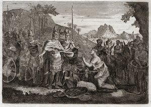 Bible of Royaumont, Gamla testamentet: Abigail. Abigail, Nabals hustru, lugnar Davids vrede med sin vishet. Illustration från 1811. av Unknown artist