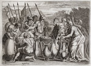 Bibeln från Royaumont, Gamla testamentet: Abraham befriar Lot. Abraham räddar sin brorson Loth ur fiendens händer. Översteprästen Melkisedek (Melkisedek eller Melkisedek eller Melkisedek eller Melkisedek eller Melkisedek) benit. Kungen av Sodom erbjöd hono av Unknown artist