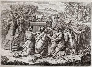 Bibeln från Royaumont, Gamla testamentet: Tillbedjan av den gyllene kalven. När Moses ser hebréerna och guldkalven bryter han mot lagens tabeller. Illustration från 1811. av Unknown artist