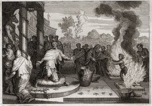 Bible of Royaumont, Gamla testamentet: Ahaz Unholy King. Den ogudaktige Ahas, Juda kung, irriterar Gud och överlämnas till fienderna. Illustration från 1811. av Unknown artist
