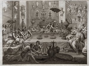 Bibeln från Royaumont, Gamla testamentet: Balthazar fördömer. Kung Balthazar (Belshatsar) vid bordet ser en hand som med tre ord skriver slutet på sin mening. Illustration från 1811. av Unknown artist
