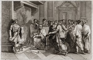 Bibeln från Royaumont, Gamla testamentet: Baruch profet. Kung Joachim (Joakim, Joachin, Jechonias) skär bokrullen som innehåller Jeremias profetier transkriberade av hans lärjunge Baruch (Baruch ben Neria) och kastar den i en eld. Illustration från 1811. av Unknown artist
