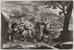 Bibeln från Royaumont, Gamla testamentet: Simsons födelse. Simson river ett lejon i bitar. Illustration från 1811. av Unknown artist