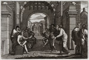Bibeln från Royaumont, Gamla testamentet: Boas (Booz), nära släkting till Rut, hustru enligt lagens förordning. Illustration från 1811. av Unknown artist