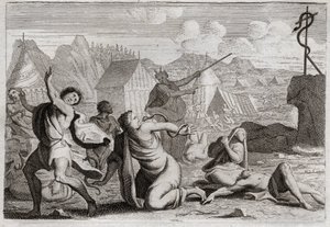 Bible of Royaumont, Gamla testamentet: Brasen Snake. Folket som muttrar mot Gud och mot Mose, straffas med eldormar; från vilken de sårades av en orm av koppar, som Mose hade uppväckt för att bli sedd från hela folket. Illustration av Unknown artist