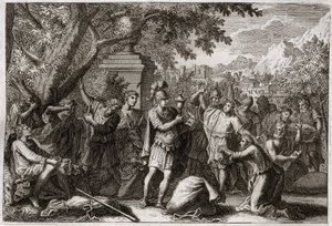 Bibeln från Royaumont, Gamla testamentet: Josephs bröder. Josef får sina bröder fängslade. Illustration från 1811. av Unknown artist