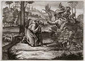 Bible of Royaumont, Gamla testamentet: Burning Bush. Gud talar till Mose mitt i en brinnande buske. Illustration från 1811. av Unknown artist