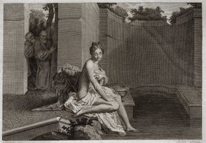 Bibeln från Royaumont, Gamla testamentet: Kusk från Suzanne. Två äldste, Judges of the People, fläckar för att korrumpera Chastete Suzanne, medan hon var ensam i sin trädgård och tog ett bad. Illustration från 1811. av Unknown artist