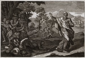 Bibeln från Royaumont, Gamla testamentet: Barn äter björnar. Barn som gör narr av Elishas skallighet slits av björnar. Illustration från 1811. av Unknown artist