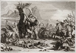 Bibeln från Royaumont, Gamla testamentet: Eleazars mod. Seleucidkungen Antiochos V Eupator, son till den ohelige Antiochos IV Epifane (175-164 f.Kr.), kämpade efter sin fars död mot Judas Machabee (Maccabee, Macabee). Extraordinär handling av Ele av Unknown artist