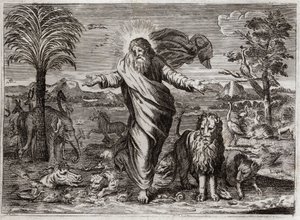 Bibeln från Royaumont, Gamla testamentet: Världens skapelse. Gud drar himlen och jorden från ingenstans och pryder den på sex dagar och människorna av alla slags varelser. Illustration från 1811. av Unknown artist