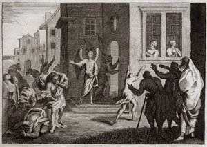 Bibeln från Royaumont, Gamla testamentet: Sodomiternas brott. Loth tar emot änglar i sitt hus. Sodomiterna (Sodom) vill utsätta dem för våld. Änglarna slår dem blint. Illustration från 1811. av Unknown artist