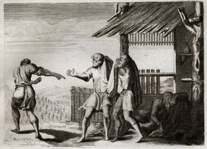 Bibeln från Royaumont, Gamla testamentet: Förbannad Cham av sin far (Noe fylleri). Cham, den andra av Noes barn, ser sin far i en oanständig hållning, bryr sig inte och är förbannad på honom. Illustration från 1811. av Unknown artist