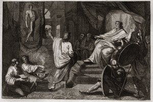 Bibeln från Royaumont, Gamla testamentet: Daniel profet. Profeten Daniel avslöjar för kung Nebukadnessar II en dröm han hade, och förklarar för honom vad han menade. Illustration från 1811. av Unknown artist