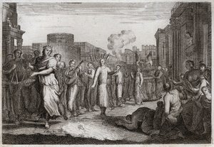 Bibeln från Royaumont, Gamla testamentet: David dansar framför förbundsarken. Efter att ha bestämt sig för en andra gång att ta med sig arken till sitt hem, låter David bära den och åtföljas av leviter för att undvika en olycka som liknar Ozas. Han dansar  av Unknown artist