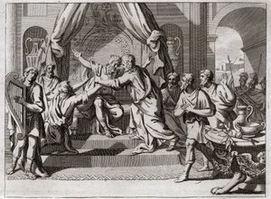 Bible of Royaumont, Gamla testamentet: David spelar harpa. Saul blir avvisad från Gud och grips av den onde anden. Vi letar efter en man som vet hur man spelar harpa, för att befria honom i hans ondska. Illustration från 1811. av Unknown artist