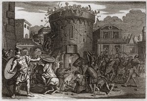Bibeln från Royaumont, Gamla testamentet: Abimeleks död. Abimelek (Abimelec eller Ahimelek eller Ahimelek) dödas av en kvinna som slår ner honom med en sten vid belägringen av Tebetz. Illustration från 1811. av Unknown artist