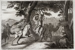 Bibeln från Royaumont, Gamla testamentet: Absaloms död. Absalom (eller Avshalom, Absalom) flyr från striden fångas av håret har en ek, eller Joab genomborrar honom hjärtat av tre darters. Illustration från 1811. av Unknown artist