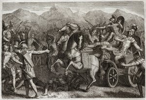 Bibeln från Royaumont, Gamla testamentet: Ahabs död. Ahab (Akhab) förde krig mot Syrien och dödades med en slumpmässig pil. Illustration från 1811. av Unknown artist