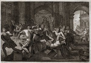 Bibeln från Royaumont, Gamla testamentet: Amnons död. När Absalom (eller Avshalom, Absalon) försonas med David får hans bror Amnon (Ammon) att fly till en fest. David tvingas fly från Jerusalem och utsätts för denna förföljelse med ett fantastiskt tålamod. av Unknown artist