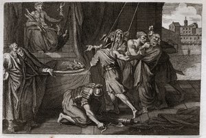 Bibeln från Royaumont, Gamla testamentet: Eleasars död. Det gamla helgonet Eleazar dödades på order av Antiochos IV Epifane (175-164 f.Kr.), eftersom han inte ville låtsas äta försvarat kött. Illustration från 1811. av Unknown artist