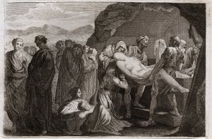 Bible of Royaumont, Gamla testamentet: Saras död. Sara (Sarah) dör. Abraham för att begrava honom köpte en grav från staden Get. Illustration från 1811. av Unknown artist