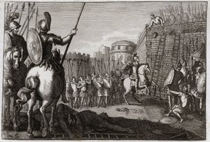 Bible of Royaumont, Gamla testamentet: Sebas död. Och Seba (Sheba) reste sig mot David och tog bort de tio stammarna efter honom, och Joab förföljde i Abela, eller hans huvud blev avhugget efter en kvinnas råd. Illustration från 1811. av Unknown artist