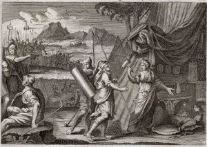 Bibeln från Royaumont, Gamla testamentet: Sisaras död. Yael (Jael) dödar chefen för den kananiska armén Sisra (Sisera eller Sisara). Illustration från 1811. av Unknown artist