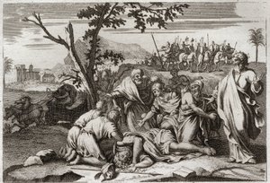 Bibeln från Royaumont, Gamla testamentet: Den onde Antiochos död. Den skrämmande döden av kung Antiochus IV Epifane (175-164 f.Kr.) efter ett hästfall. Illustration från 1811. av Unknown artist