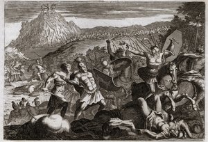 Bibeln från Royaumont, Gamla testamentet: Amaleks nederlag (Amalek). Mose vann seger över amalekiterna och höll sina händer högt i himlen. Illustration från 1811. av Unknown artist