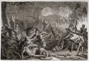 Bibeln från Royaumont, Gamla testamentet: Midjaniternas nederlag genom ljudet av trumpeterna och av lampornas ljus. Illustration från 1811. av Unknown artist