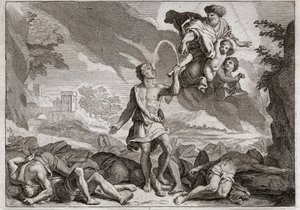 Bibeln från Royaumont, Gamla testamentet: Filistéernas nederlag. Simson dödar tusen filistéer med en åsnas käke. Gud får vatten att rinna ur käken så att Simson kan släcka sin törst. Illustration från 1811. av Unknown artist