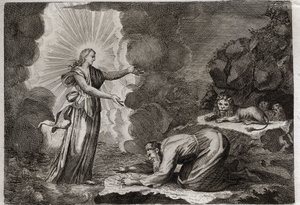 Bibeln från Royaumont, Gamla testamentet: Daniels befrielse. Daniel, i lejonhålan, är mirakulöst berusad. Illustration från 1811. av Unknown artist