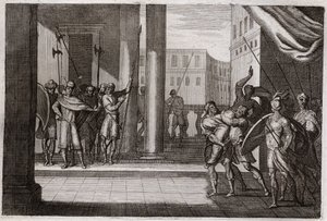 Bibeln från Royaumont, Gamla testamentet: Dina gick av nyfikenhet för att se kvinnorna i Sikem (eller Sikem), och kungen i den staden hade gjort honom till våld, hans bröder tog hämnd och dödade hela Sikems folk med kungen. Illustration från 1811. av Unknown artist