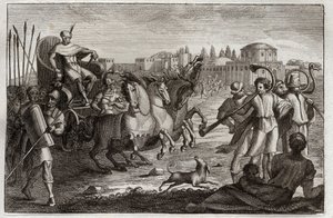 Bible of Royaumont, Gamla testamentet: Upphöjelse av Josef. Josef är uppvuxen i härlighet. Illustration från 1811. av Unknown artist