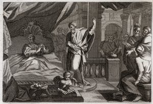 Bibeln från Royaumont, Gamla testamentet: Hesekias får hälsa. Kung Hesekias var sjuk vid döden, fick hälsa och ytterligare femton levnadsår. Profeten Jesaja (Jesaja) tillkännager sitt krig: tecknet kommer att vara att trycka tillbaka klockans skugga med ti av Unknown artist