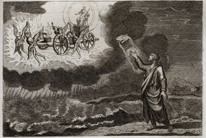 Bibeln från Royaumont, Gamla testamentet: Ezekiel profet. Saint Prophete hade en vision där Herren visade sig för honom på en vagn, buren av fyra kerubiner (tetramorf). Illustration från 1811. av Unknown artist