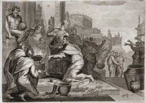 Bibeln från Royaumont, Gamla testamentet: Salomos fall. Salomo är korrumperad av kvinnor och ger rökelse åt de falska gudarnas avgudar. Hans död. Illustration från 1811. av Unknown artist