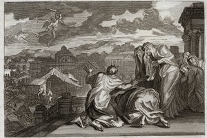 Bible of Royaumont, Gamla testamentet: Fleau of the Plague. Och David, efter att ha skymt hela sitt folk genom en fåfänga rörelse, plågade Gud hans rike med en pest som tar sjuttio tusen man på tre dagar. Illustration från 1811. av Unknown artist