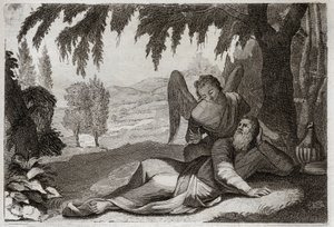Bibeln från Royaumont, Gamla testamentet: Elias flykt. Elia flyr Jezabels vrede, som ville hämnas på honom för hans falska profeters död, stöds i öknen av en ängel som ger honom mat. Illustration från 1811. av Unknown artist