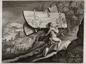 Bible of Royaumont, Gamla testamentet: Gates of Gaza. Simson, lås in i Gaza, riv ut stadens portar. Illustration från 1811. av Unknown artist