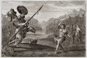 Bibeln från Royaumont, Gamla testamentet: Jätte Goliat. Goliat, filisté, av enorm storhet, besegras av David, endast vapen med en sele och en käpp. Illustration från 1811. av Unknown artist