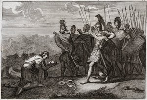 Bibeln från Royaumont, Gamla testamentet: Sauls huvud. Filistéerna njuter av Sauls död och erbjuder hans huvud till sin avgud. David ångrar döden och går till Judee, eller så blir han erkänd som kung i Hebron. Illustration från 1811. av Unknown artist