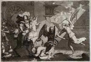 Bibeln från Royaumont, Gamla testamentet: Heliodor jagar templet. Heliodore (Heliodoros) skickad av sin härskare för att plundra Jerusalems tempel, misshandlades med meter av änglar. Illustration från 1811. av Unknown artist