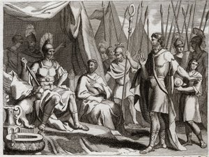 Bible of Royaumont, Gamla testamentet: Holoferne. General från Nebukadnessar II:s arm, Holoferne närmar sig Judeen. Ahior, ammoniternas kung, som kom för att ge tillbaka till honom, lyfter upp inför Holoferne judarnas guds makt. Illustration från 181 av Unknown artist