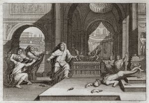 Bibeln från Royaumont, Gamla testamentet: Dagons idol. Och när filistéerna satte förbundsarken i templet bredvid Dagon, sin Gud, förde hon ner deras avgud och slog dem alla med en plåga som var mycket skörde, vilket tvingade dem att skicka bort henne. Illu av Unknown artist