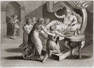 Bibeln från Royaumont, Gamla testamentet: Isak välsignade Jakob. Isak, som önskar välsigna Esau, ger Jakob sin välsignelse genom Rebeckas vishet, som hon tillhörde enligt Guds plan. Illustration från 1811. av Unknown artist