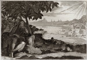 Bible of Royaumont, Gamla testamentet: Murgröna desseche. Gud visar genom ett känsligt exempel, för sin profet Jonas, hur mycket han älskar människor och hur mycket smärta han lider när han tvingas straffa dem. Illustration från 1811. av Unknown artist