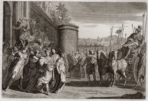 Bibeln från Royaumont, Gamla testamentet: Jephte offrar sin dotter. Jefte, en av Israels domare lovade att offra till Gud den första person som skulle komma till honom efter hans seger mot ammoniterna. Det var hans dotter. Illustration från 1811. av Unknown artist